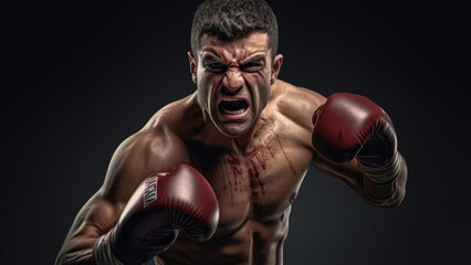 Male boxer in red gloves ready to fight. His facial expression reflects determination and confidence.
