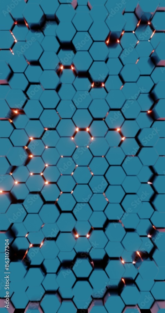 Poster Futuristic 3D Render of Glowing Hexagonal Pattern - Neon Blue and Red Geometric Design