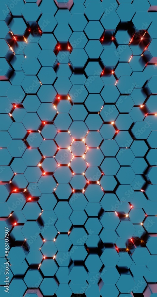 Poster Futuristic 3D Render of Glowing Hexagonal Pattern - Neon Blue and Red Geometric Design