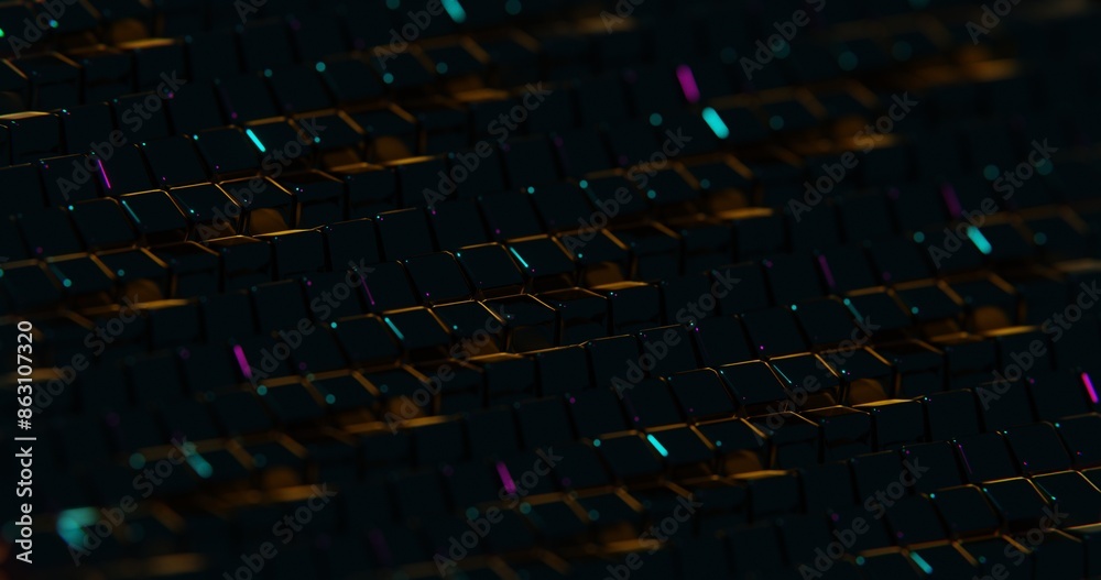 Poster 3d abstract render of dark cubes with neon highlights - futuristic geometric design