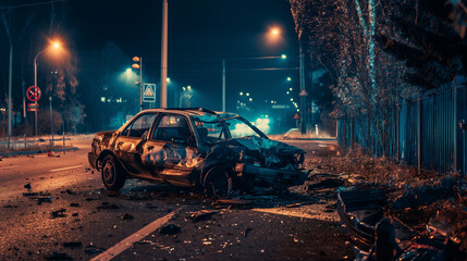 Fototapeta premium Nighttime road accident involving a car accident creating a dangerous situation. Generative AI
