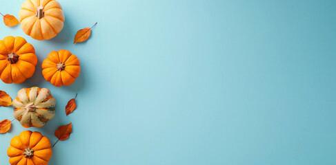 Thanksgiving background, pumpkin and autumn foliage, banner with copy space, holiday season