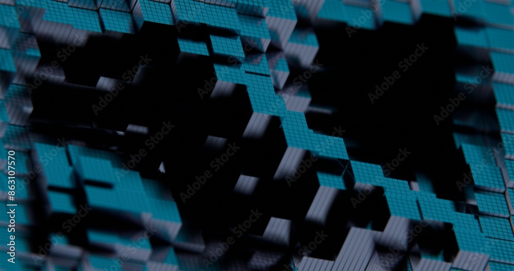 Poster 3d abstract render of blue and red cubes with neon highlights - futuristic geometric design