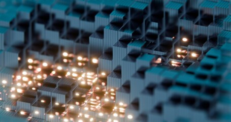 3D Abstract Render of Blue and Red Cubes with Neon Highlights - Futuristic Geometric Design