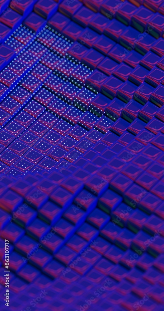Poster 3d abstract render of blue cubes with dot pattern - futuristic geometric design