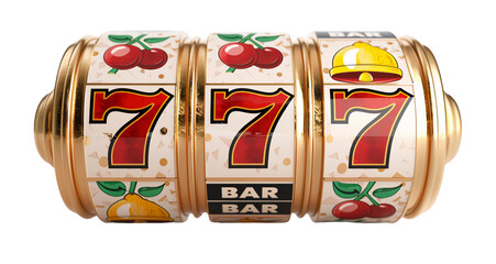 Stock image of jackpot streak 777 on slot machine isolated on a transparent background, concept of winning big in a casino