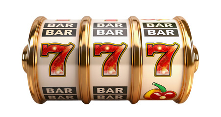 Stock image of jackpot streak 777 on slot machine isolated on a transparent background, concept of winning big in a casino