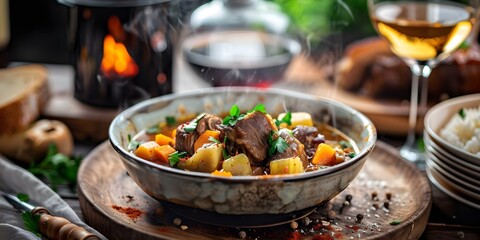Steamy oxtail soup in a bowl on the dining table. Concept Food Photography, Oxtail Soup, Dining Table Setting, Comfort Food, Steamy Soup