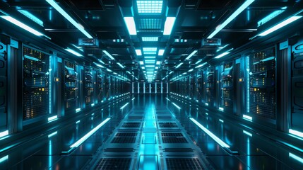 Fototapeta premium Futuristic Data Center Corridor with Advanced Servers and Blue Neon Lights, Generative AI