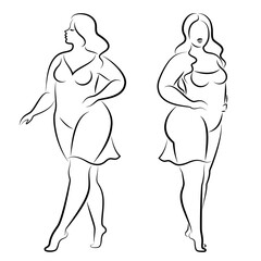 Collection. Silhouette figure of a slender woman. The girl is standing. The girl is full of beauty and sexuality. Girl is overweight vector illustration set