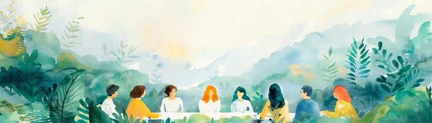 Stakeholder feedback on sustainable initiatives, watercolor style, participatory process