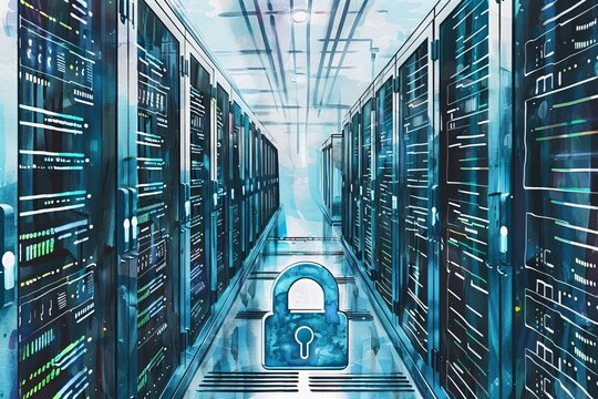 Secure server room with data servers and a padlock symbol representing cybersecurity. High tech data center ensuring secure data storage.