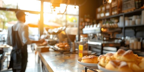 Cozy cafe with a sunny interior where a barista serves coffee and pastries. Concept Cafe Interior, Barista, Coffee, Pastries, Sunny Ambiance