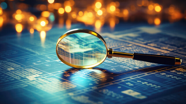 generated illustration magnifying glass search of investing and stock market over a graph chart