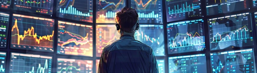 Obraz premium Person analyzing multiple financial data screens in a control room, focusing on stock market trends and data analysis for investment.