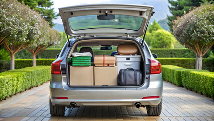 The trunk of a car full of suitcases and things. Travel by car. Moving in new house.
