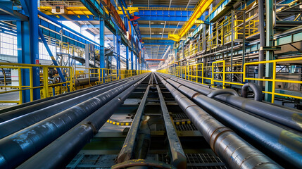 Fototapeta premium Modern Industrial Factory Interior with Long Metal Pipes and Structural Steel Framework