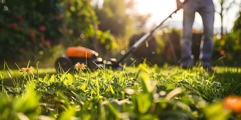 Mowing the lawn using an electric trimmer. Concept Gardening, Lawn Care, Electric Tools, Landscaping, Outdoor Maintenance