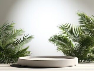 Obraz premium Serene Beachside Podium with Palm Leaves Shadows - Modern Minimalist 3D Render