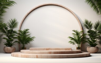 Modern Hexagonal Podium with Soft Light and Palm Leaves, 3D Rendering