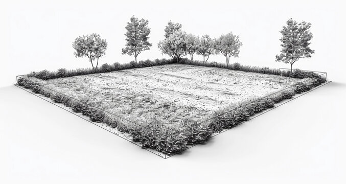 black and white sketch of a rectangular vacant and plot with boundaries, 3d illustration isolated on a white background