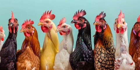 Colorful chickens on a bright background