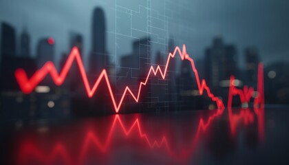 Obraz premium A red arrow graph goes down showing a loss. The background is a blurred cityscape at night.