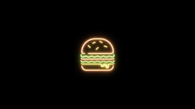 Neon sign in hamburger shape motion graphic with alpha channel. Colored burger neon light turn on and turn off isolated icon animated on transparent background.