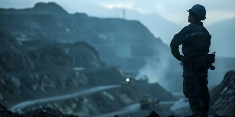 Silhouetted copper miner in open pit against mountain backdrop showcasing human perseverance. Concept Copper Mining, Silhouettes, Open Pit, Mountain Backdrop, Human Perseverance