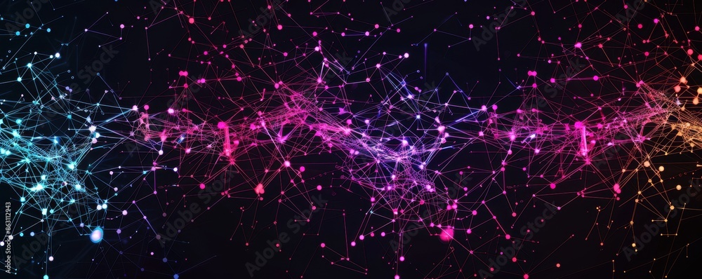 Aufkleber Vibrant digital abstract network with colorful interconnected nodes and lines, forming a complex web against a dark background.