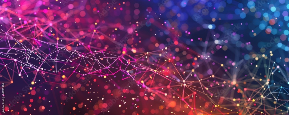 Aufkleber Vibrant and colorful abstract digital network background with glowing particles and interconnected nodes perfect for technology themes.