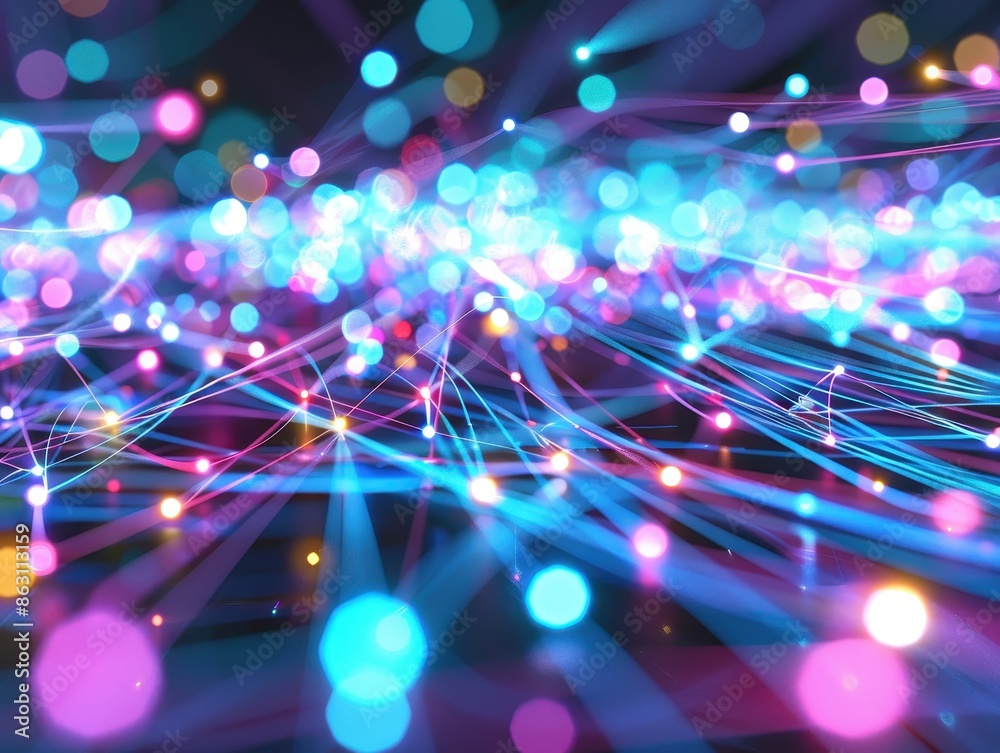 Fototapete Vibrant abstract background with colorful bokeh lights and glowing lines, perfect for tech, digital, and futuristic themes.