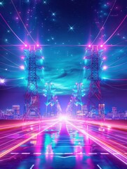 Obraz premium Futuristic neon cityscape with glowing lights, vivid colors, and symmetrical power lines at night, showcasing advanced technology.