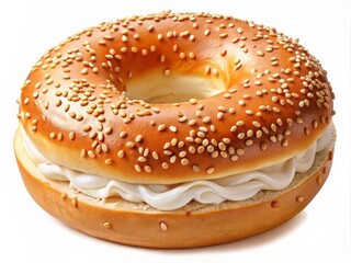 Stylized colorful bagel vector illustration with cream cheese and sesame seeds, isolated on a transparent background, perfect for food and bakery themed designs.