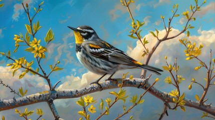 Audubon s Yellow rumped Warbler displays vivid colors in afternoon sunlight against a spring sky