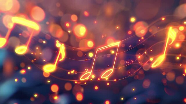 Music notes symbols on glowing blurred lights bokeh background. Concert, karaoke or performance concept
