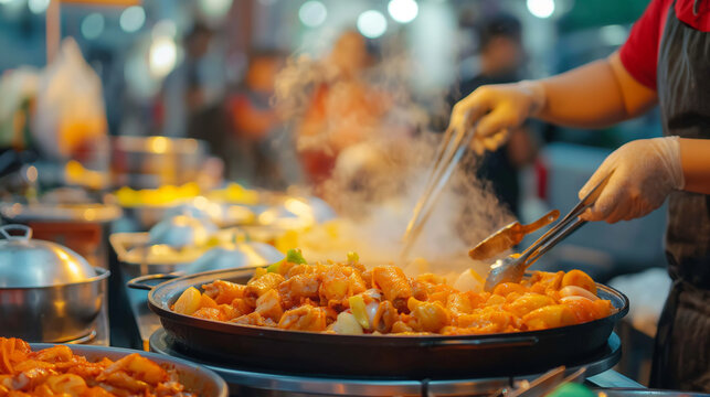 Street Food Markets - People exploring street food markets, trying various Korean snacks, summer in Korea, street food, hd, vibrant with copy space