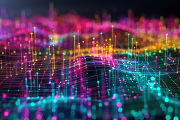 Obraz premium Colorful glowing data visualization with abstract grid and digital points. Futuristic technology concept for big data and AI.