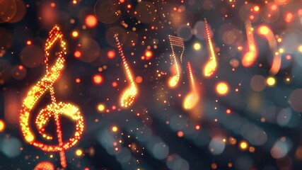 Music notes symbols on glowing blurred lights bokeh background. Concert, karaoke or performance concept