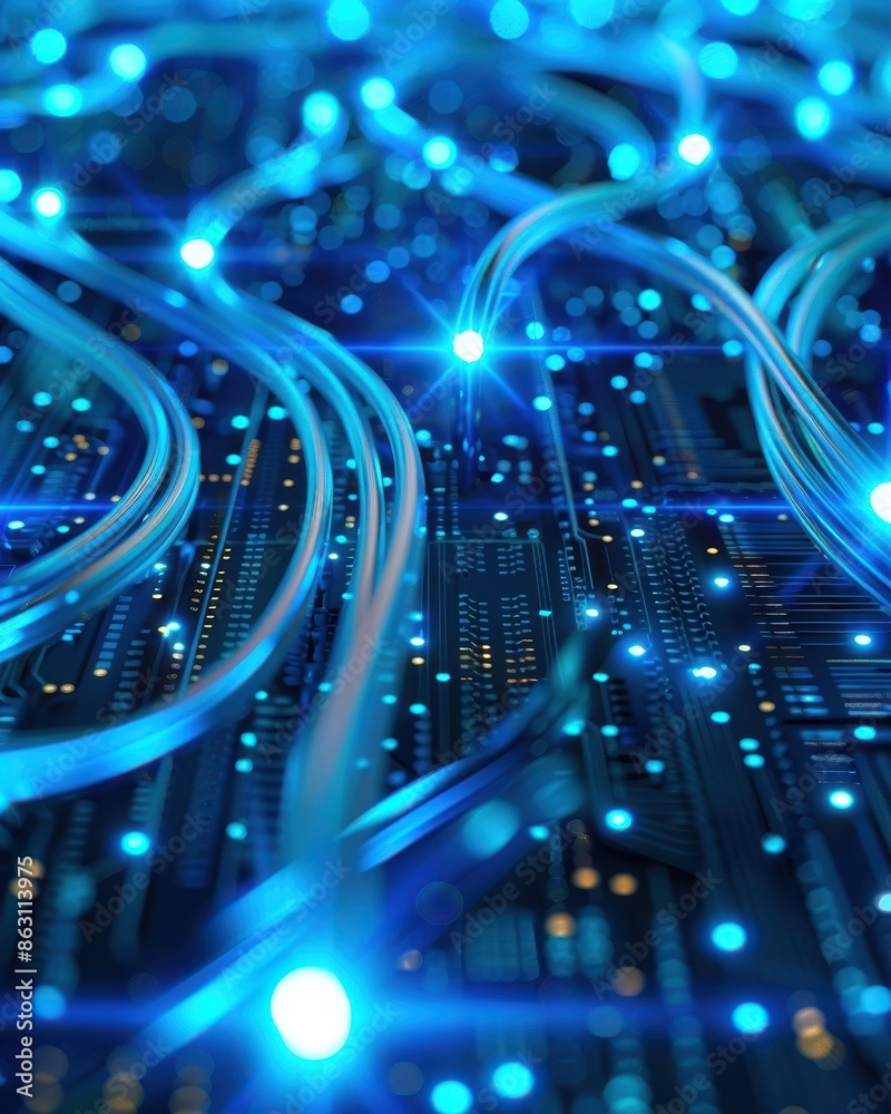 Aufkleber Close-up of glowing fiber optics cables on a circuit board, representing data transfer and internet technology.
