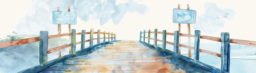 Watercolor painting of a pier extending over calm water with a cloudy sky backdrop, reflecting tranquil and serene scenery.