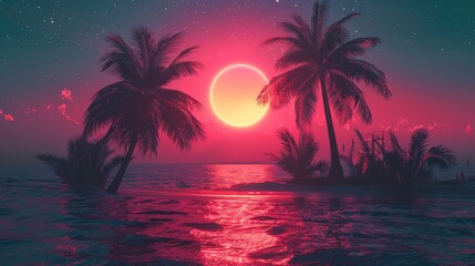 Silhouettes of palm trees stand against a vibrant pink sunset over a calm ocean.