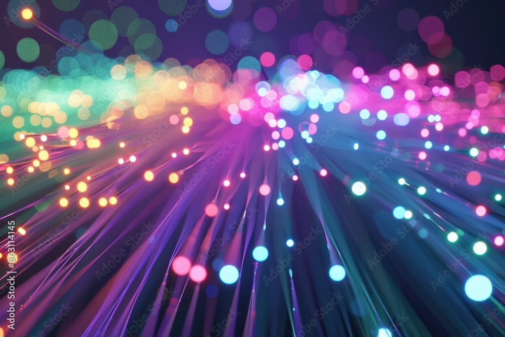 Fototapete Abstract technology background with colorful bokeh lights and fiber optics, representing data transfer and digital communication.
