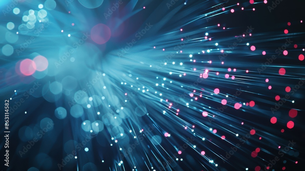 Poster abstract image of glowing fiber optic cables with bokeh light effects, illustrating high-speed inter