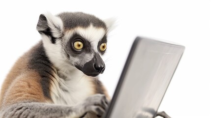 Obraz premium Lemur using laptop on white background in studio.