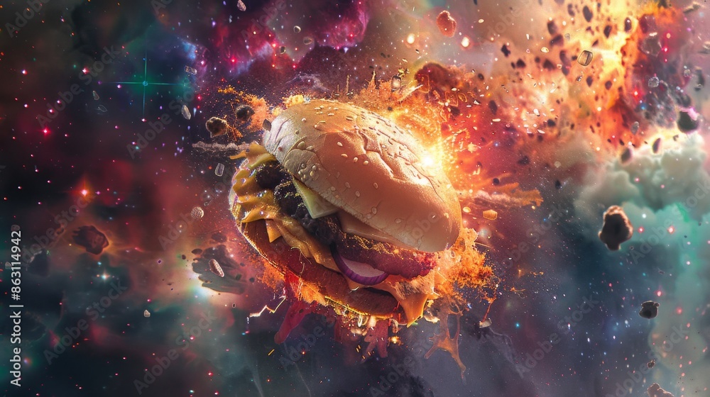 Wall mural Exploding Burger in Space, Generative AI