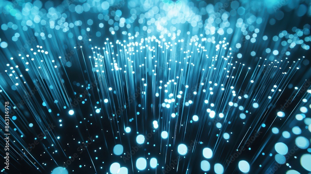 Poster Abstract glowing fiber optic cables with bokeh effect in blue tones, representing high-speed internet and futuristic concepts.