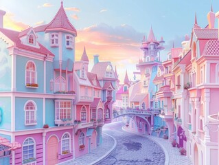 Beautiful fairy tale city in form candy in pastel colors. AI generated image