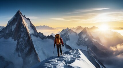 Mountaineer at Sunrise on Snowy Mountain Peak