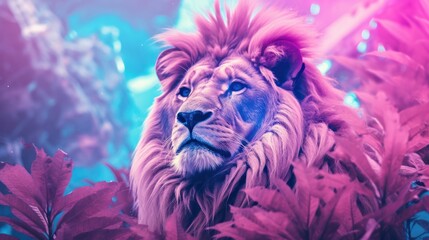 Fantasy vaporwave portrait of retrowave lion. Pink and blue colors.